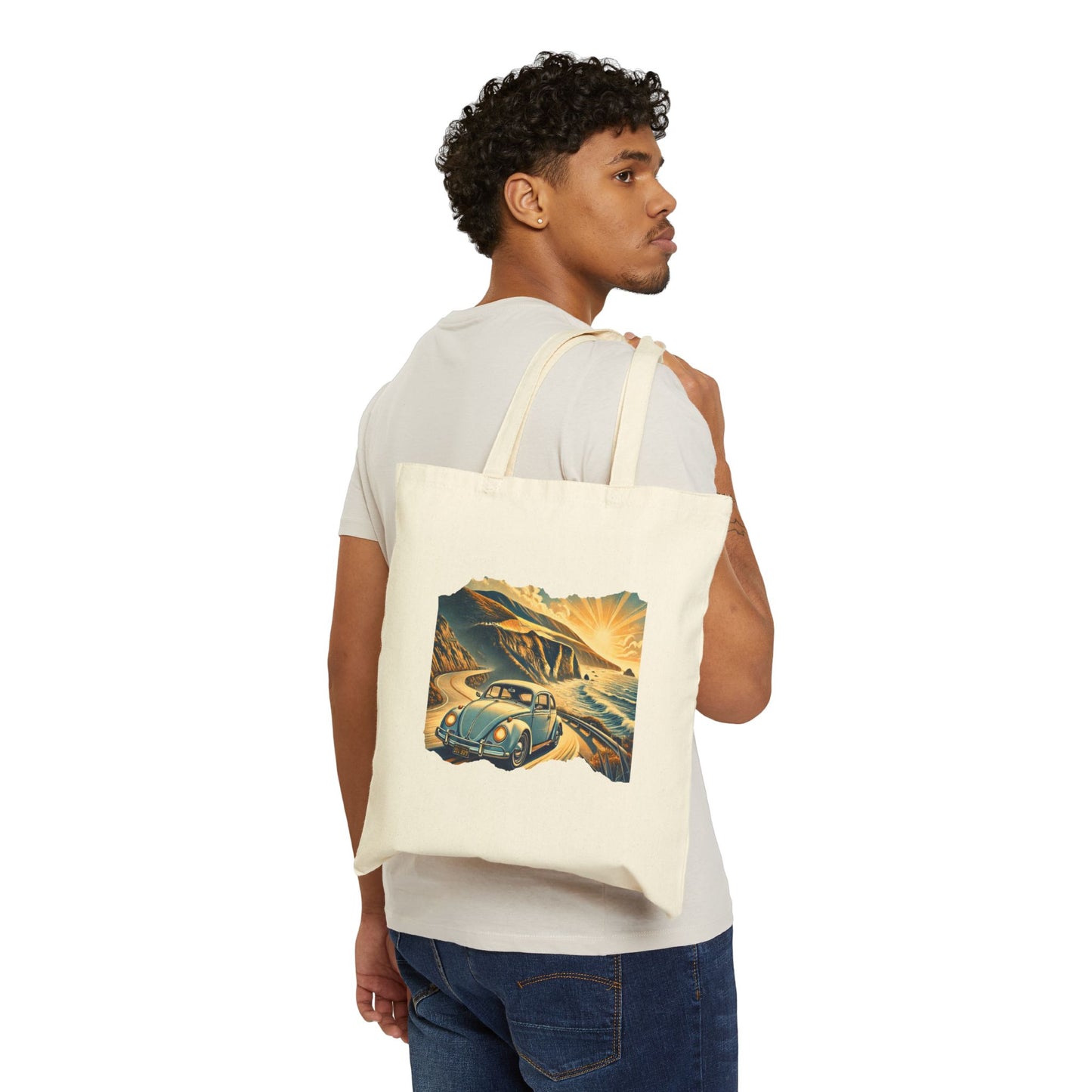 Coastal Cruise VW Tote Bag, Vintage Beach Cruiser Style, Vintage Car Adventure Cotton Canvas Tote Bag, Eco-Friendly Tote, Gift for Travelers, Beach Bag, Grocery Bag
