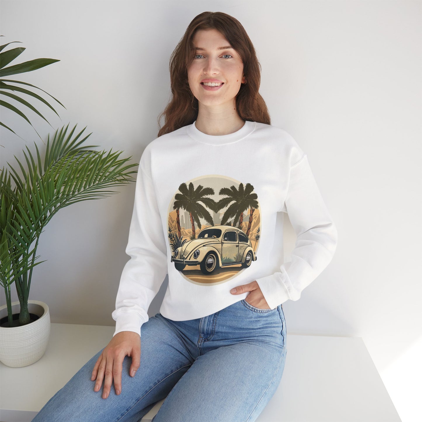 “Desert Palms Drive” Vintage VW Sweatshirt, Retro California Cruiser Design, Vintage Car Crewneck Sweatshirt, Retro Sweatshirt, Unisex Sweatshirt, Palm Tree Graphic, Casual Wear for Road Trips
