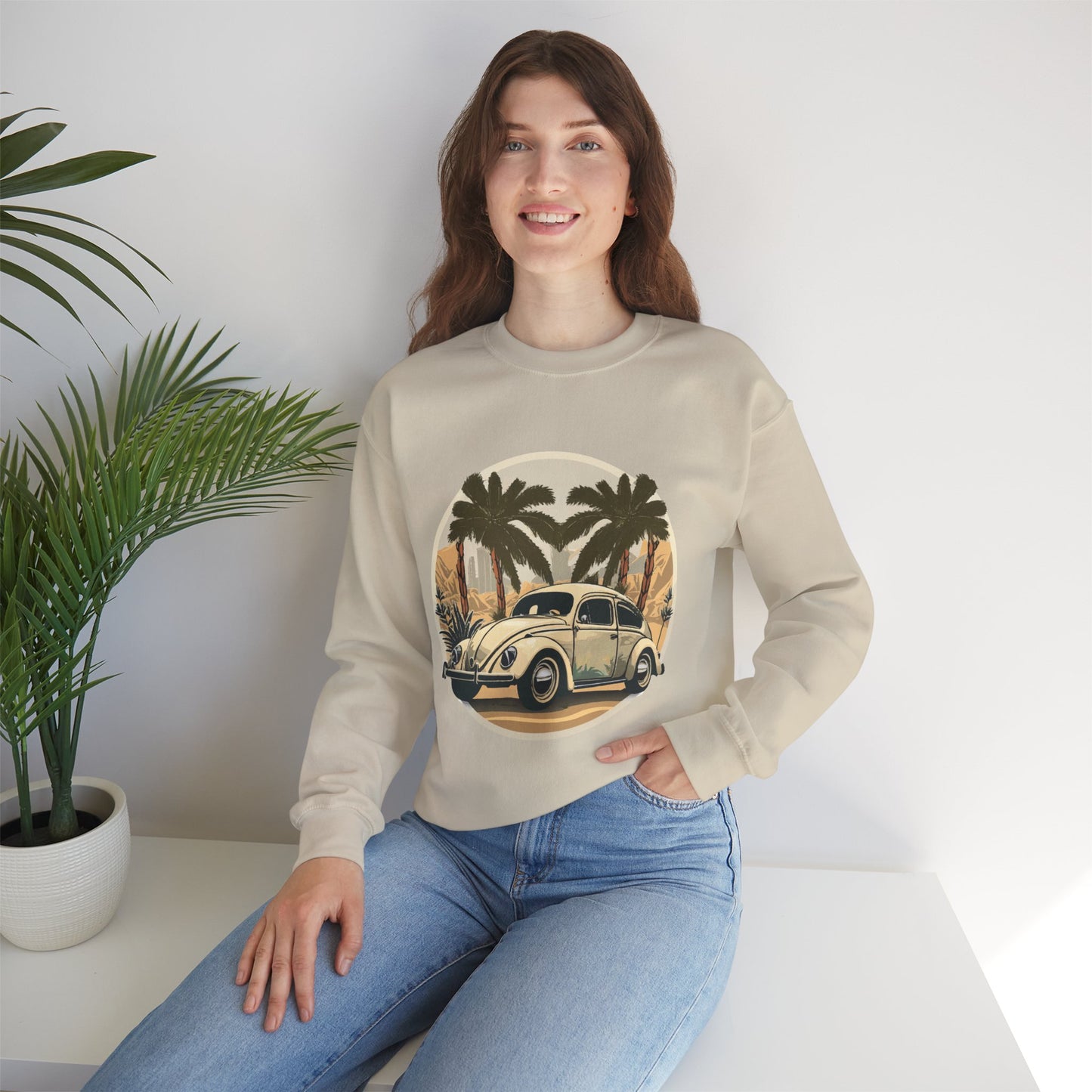 “Desert Palms Drive” Vintage VW Sweatshirt, Retro California Cruiser Design, Vintage Car Crewneck Sweatshirt, Retro Sweatshirt, Unisex Sweatshirt, Palm Tree Graphic, Casual Wear for Road Trips