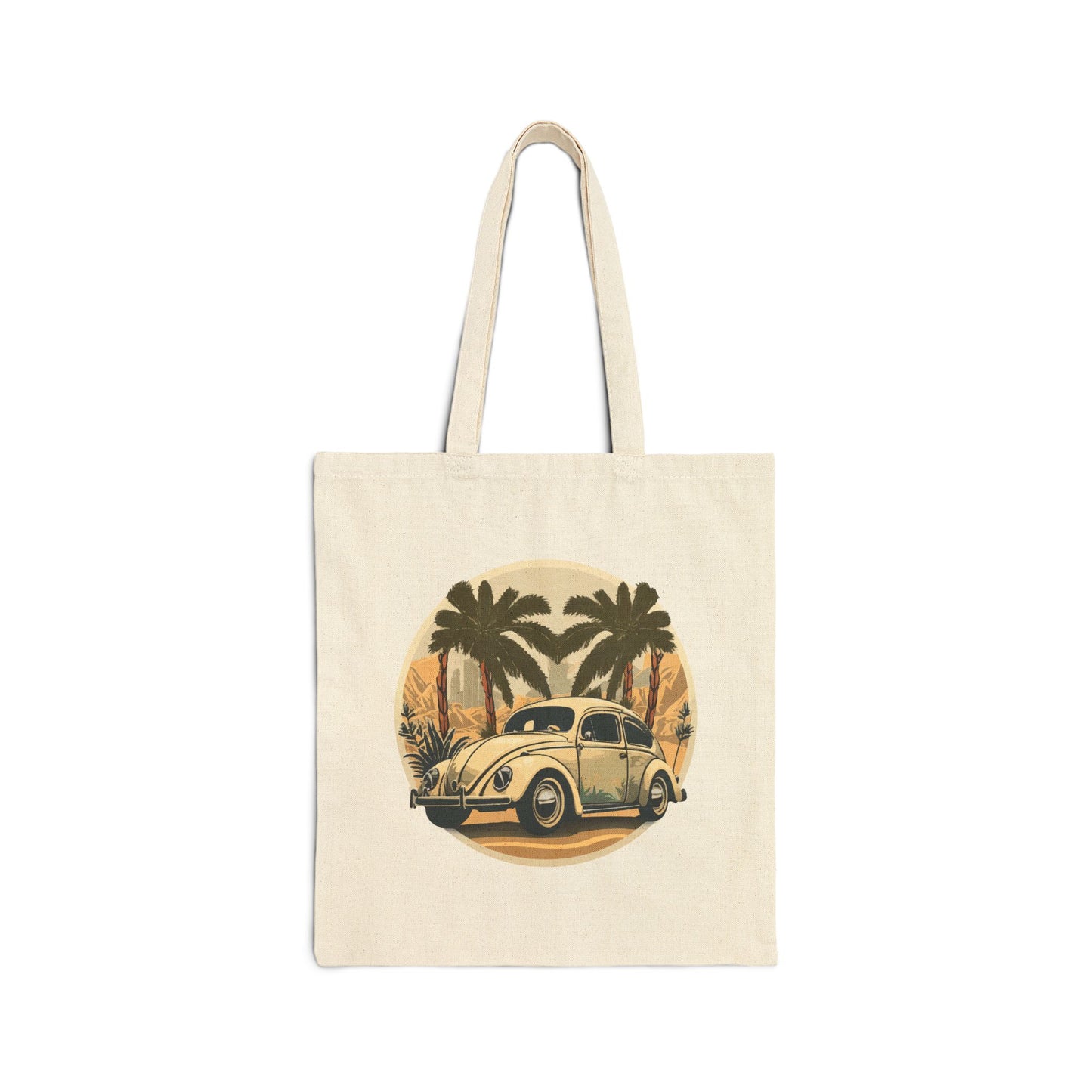 “Desert Palms Drive” Vintage VW Canvas Tote Bag, Retro California Cruiser Design, Vintage Car Tote Bag, Eco-Friendly Canvas Carryall, Beach Bag, Grocery Tote, Gift Idea for Car Lovers, Retro Style