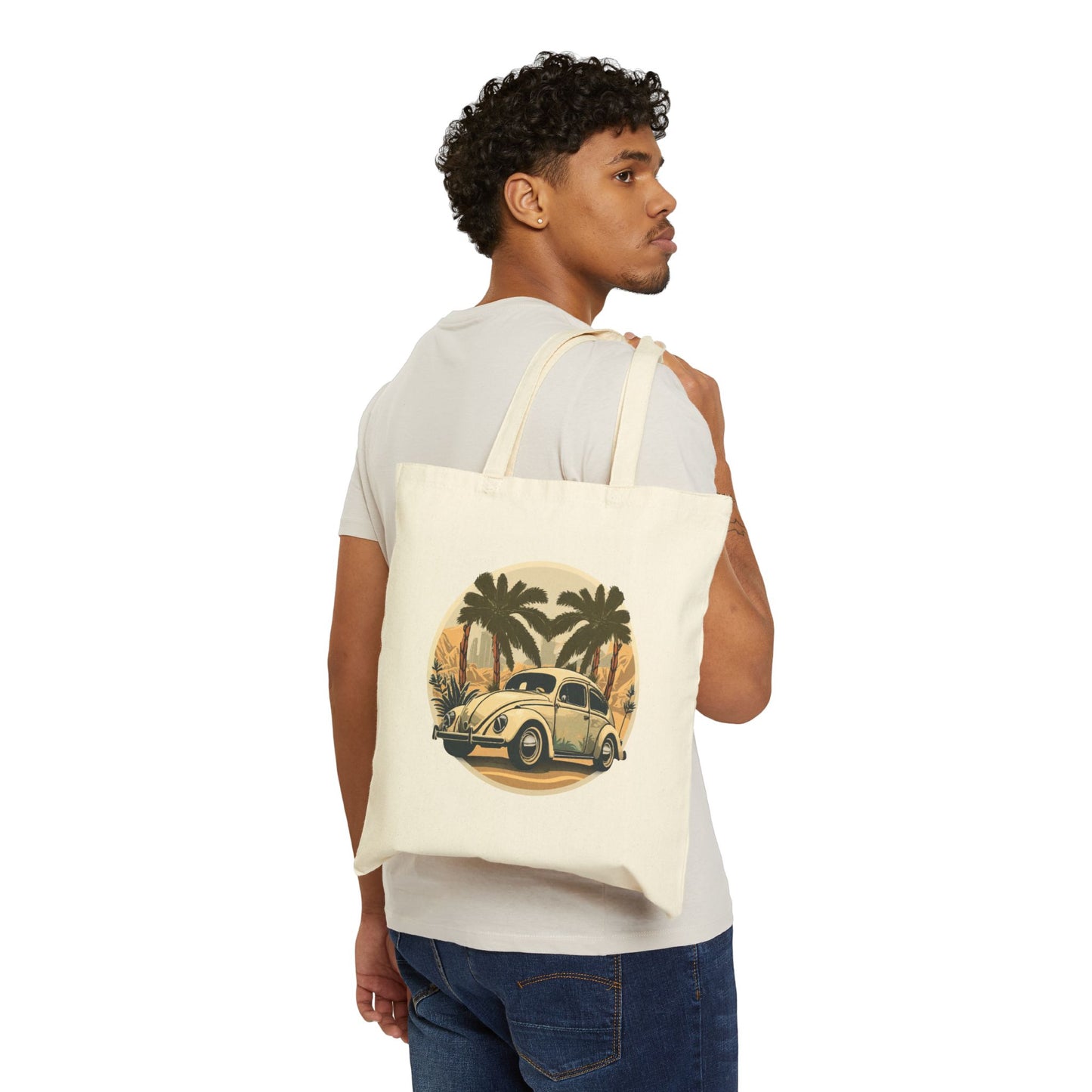 “Desert Palms Drive” Vintage VW Canvas Tote Bag, Retro California Cruiser Design, Vintage Car Tote Bag, Eco-Friendly Canvas Carryall, Beach Bag, Grocery Tote, Gift Idea for Car Lovers, Retro Style