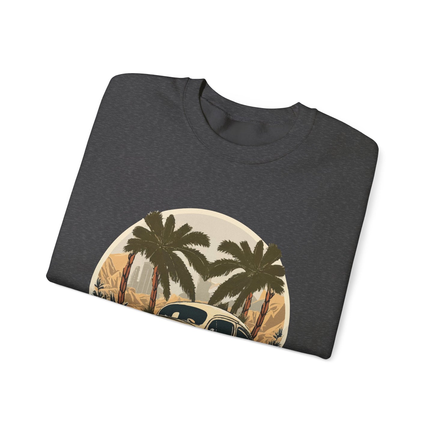 “Desert Palms Drive” Vintage VW Sweatshirt, Retro California Cruiser Design, Vintage Car Crewneck Sweatshirt, Retro Sweatshirt, Unisex Sweatshirt, Palm Tree Graphic, Casual Wear for Road Trips