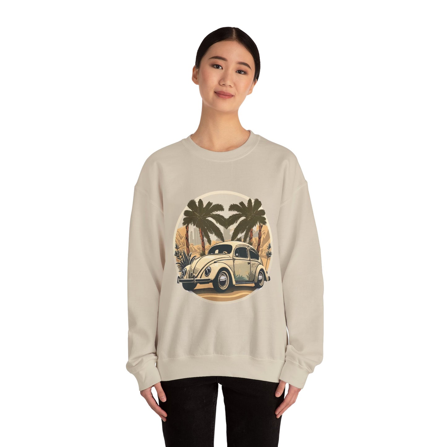 “Desert Palms Drive” Vintage VW Sweatshirt, Retro California Cruiser Design, Vintage Car Crewneck Sweatshirt, Retro Sweatshirt, Unisex Sweatshirt, Palm Tree Graphic, Casual Wear for Road Trips