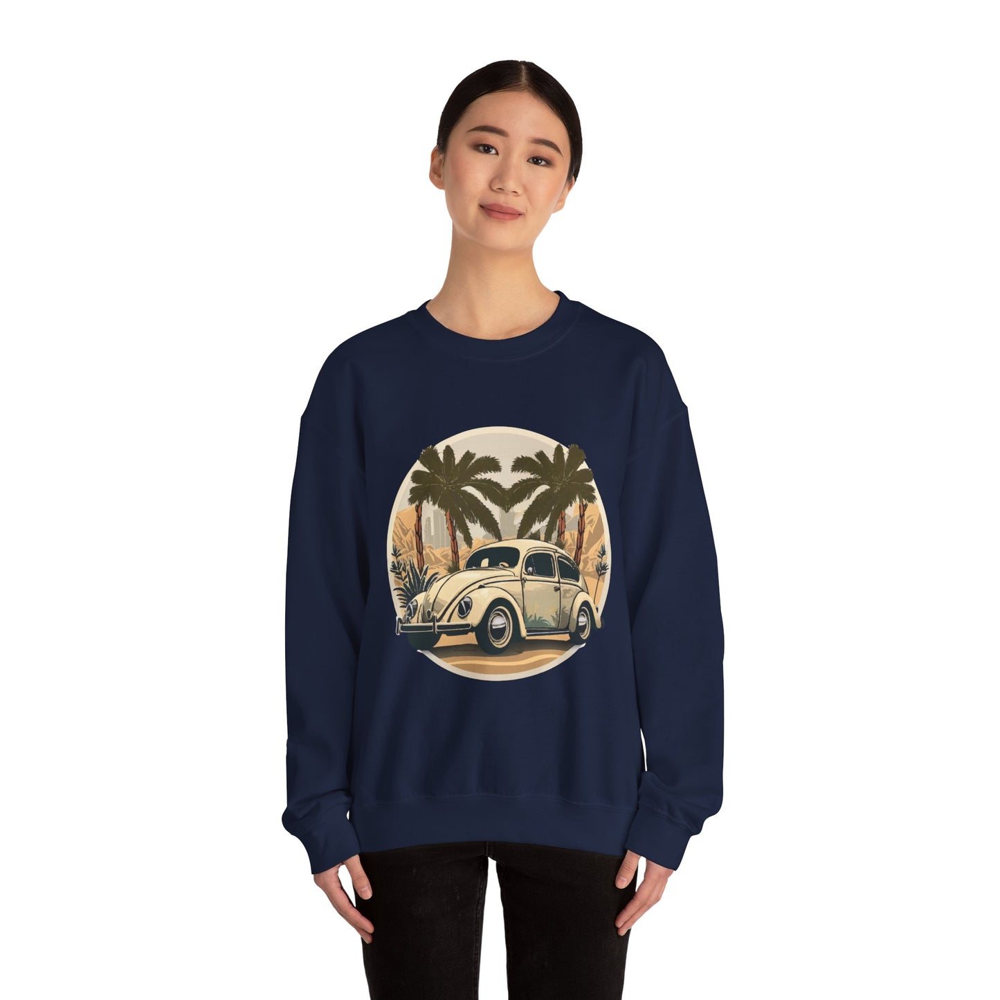 “Desert Palms Drive” Vintage VW Sweatshirt, Retro California Cruiser Design, Vintage Car Crewneck Sweatshirt, Retro Sweatshirt, Unisex Sweatshirt, Palm Tree Graphic, Casual Wear for Road Trips