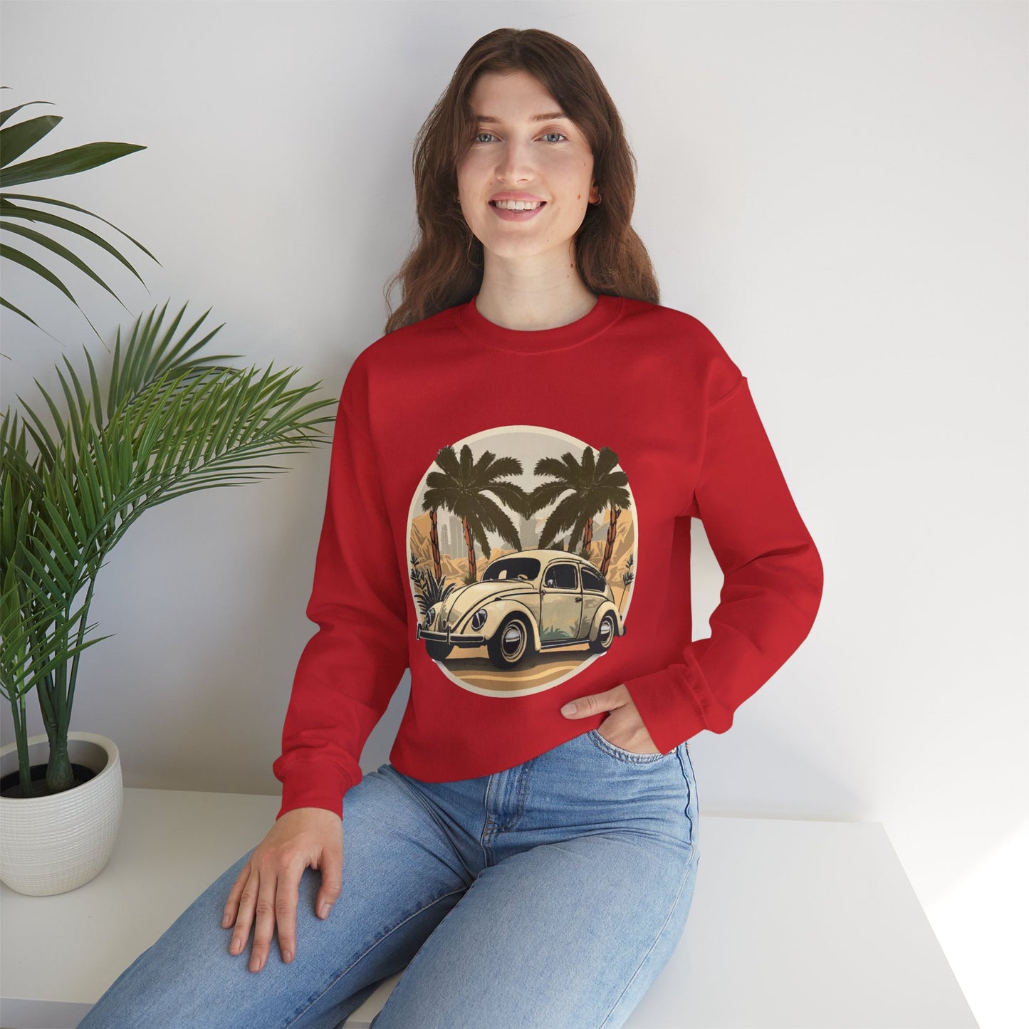 “Desert Palms Drive” Vintage VW Sweatshirt, Retro California Cruiser Design, Vintage Car Crewneck Sweatshirt, Retro Sweatshirt, Unisex Sweatshirt, Palm Tree Graphic, Casual Wear for Road Trips