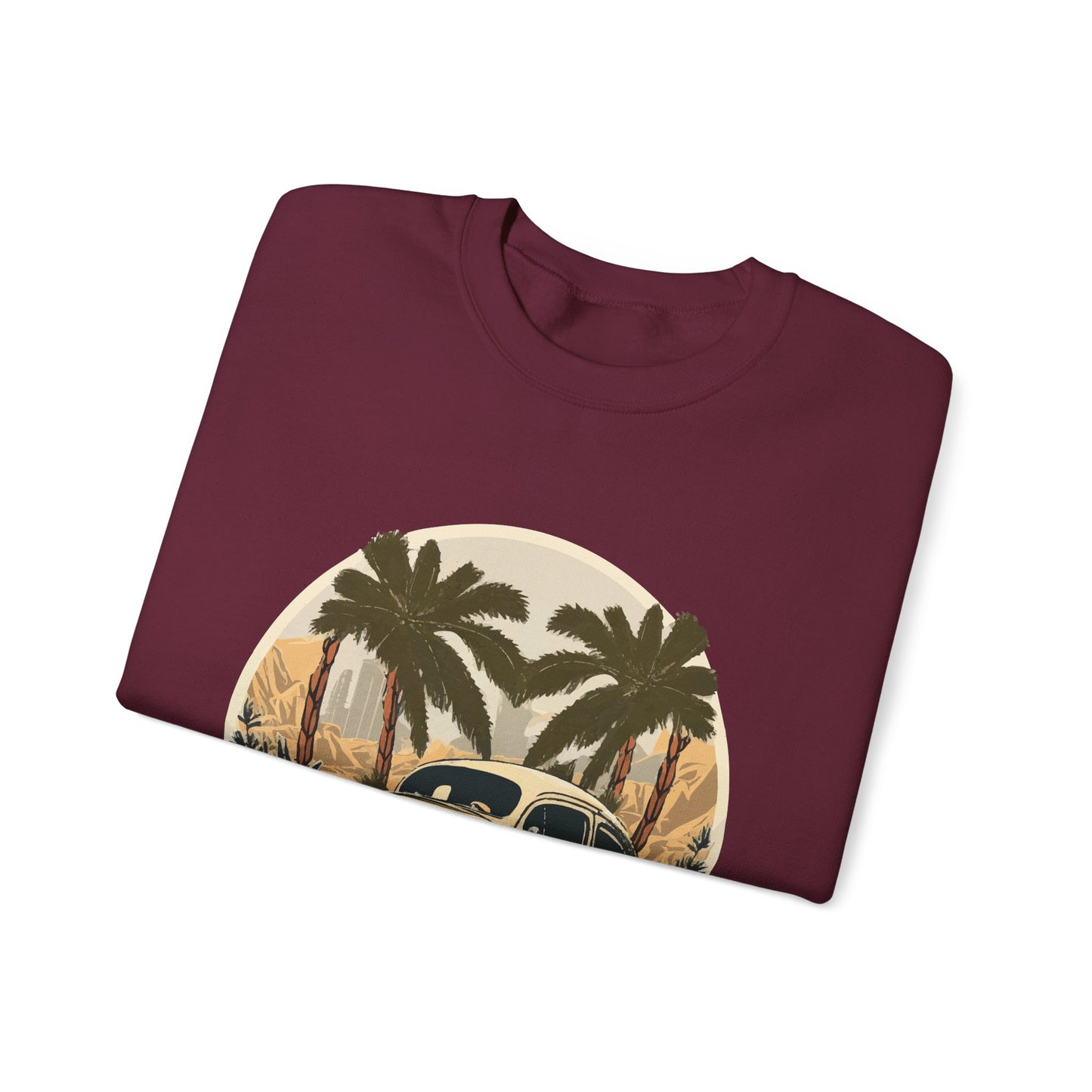 “Desert Palms Drive” Vintage VW Sweatshirt, Retro California Cruiser Design, Vintage Car Crewneck Sweatshirt, Retro Sweatshirt, Unisex Sweatshirt, Palm Tree Graphic, Casual Wear for Road Trips