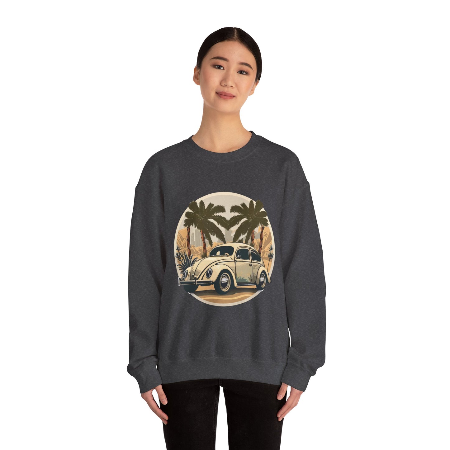 “Desert Palms Drive” Vintage VW Sweatshirt, Retro California Cruiser Design, Vintage Car Crewneck Sweatshirt, Retro Sweatshirt, Unisex Sweatshirt, Palm Tree Graphic, Casual Wear for Road Trips
