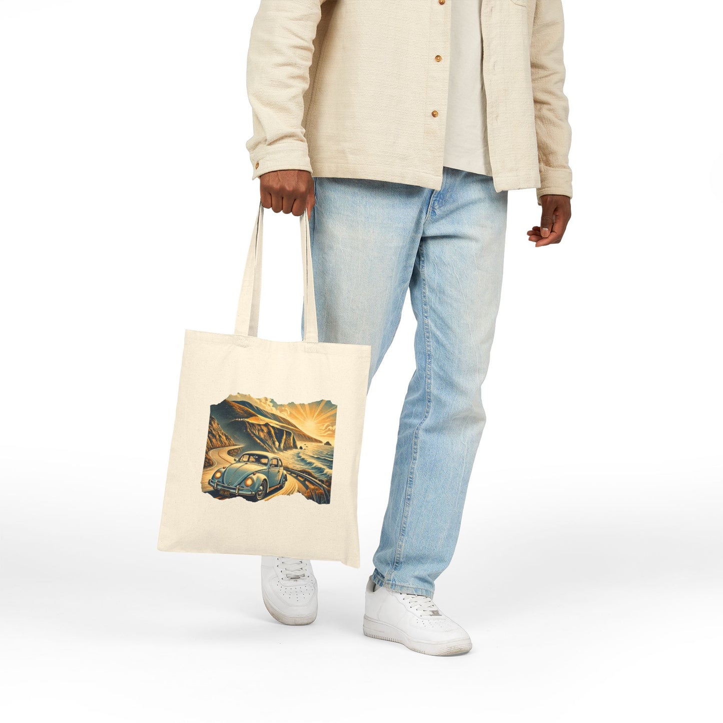 Coastal Cruise VW Tote Bag, Vintage Beach Cruiser Style, Vintage Car Adventure Cotton Canvas Tote Bag, Eco-Friendly Tote, Gift for Travelers, Beach Bag, Grocery Bag