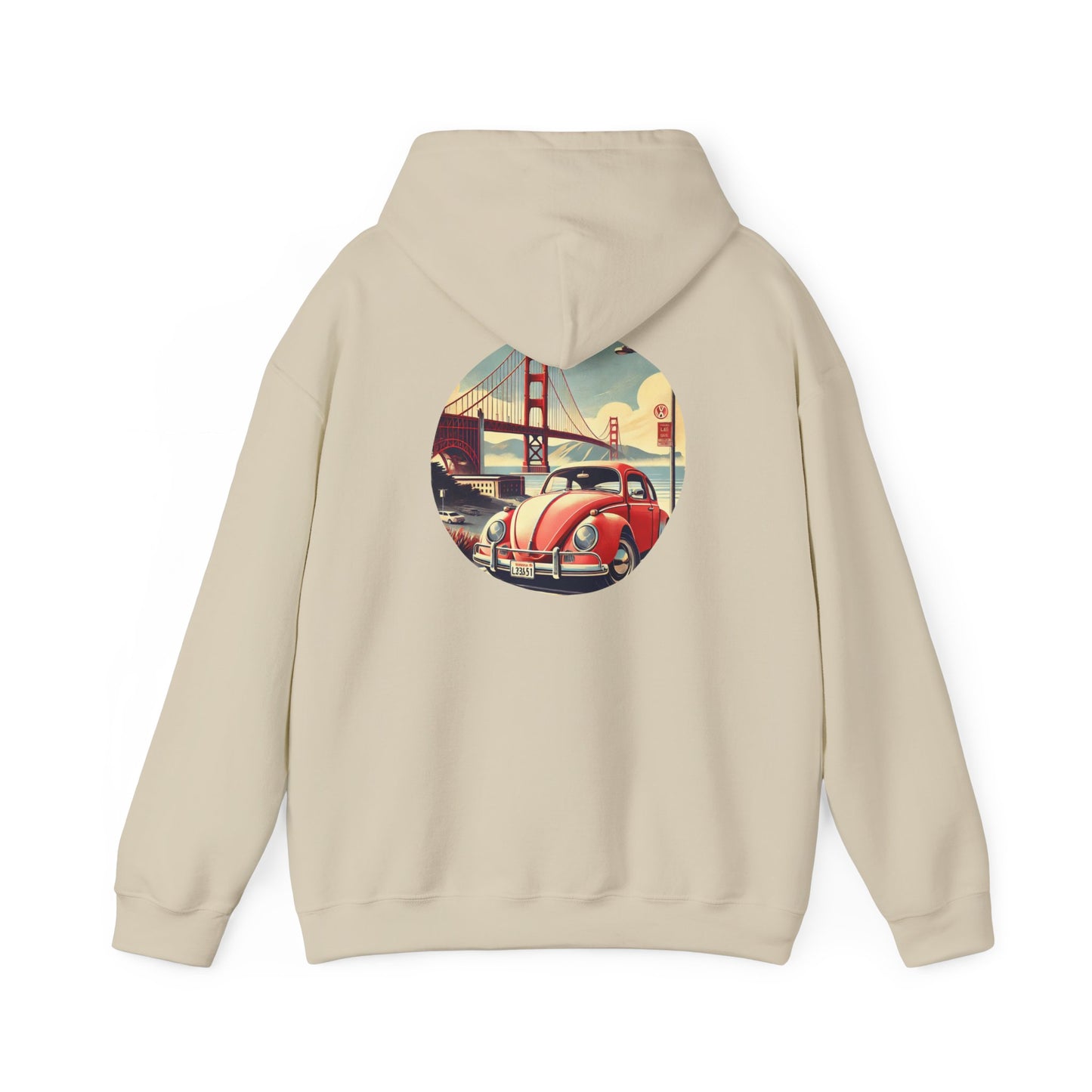 Hoodie with a graphic of a vintage VW Beetle and Golden Gate Bridge on the back.
