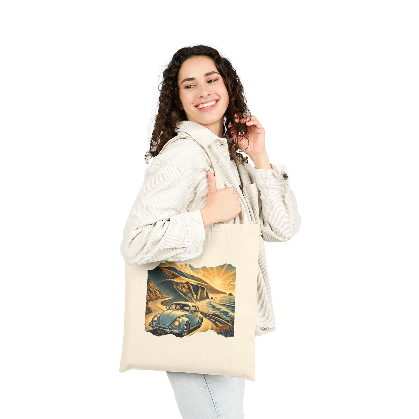 Coastal Cruise VW Tote Bag, Vintage Beach Cruiser Style, Vintage Car Adventure Cotton Canvas Tote Bag, Eco-Friendly Tote, Gift for Travelers, Beach Bag, Grocery Bag