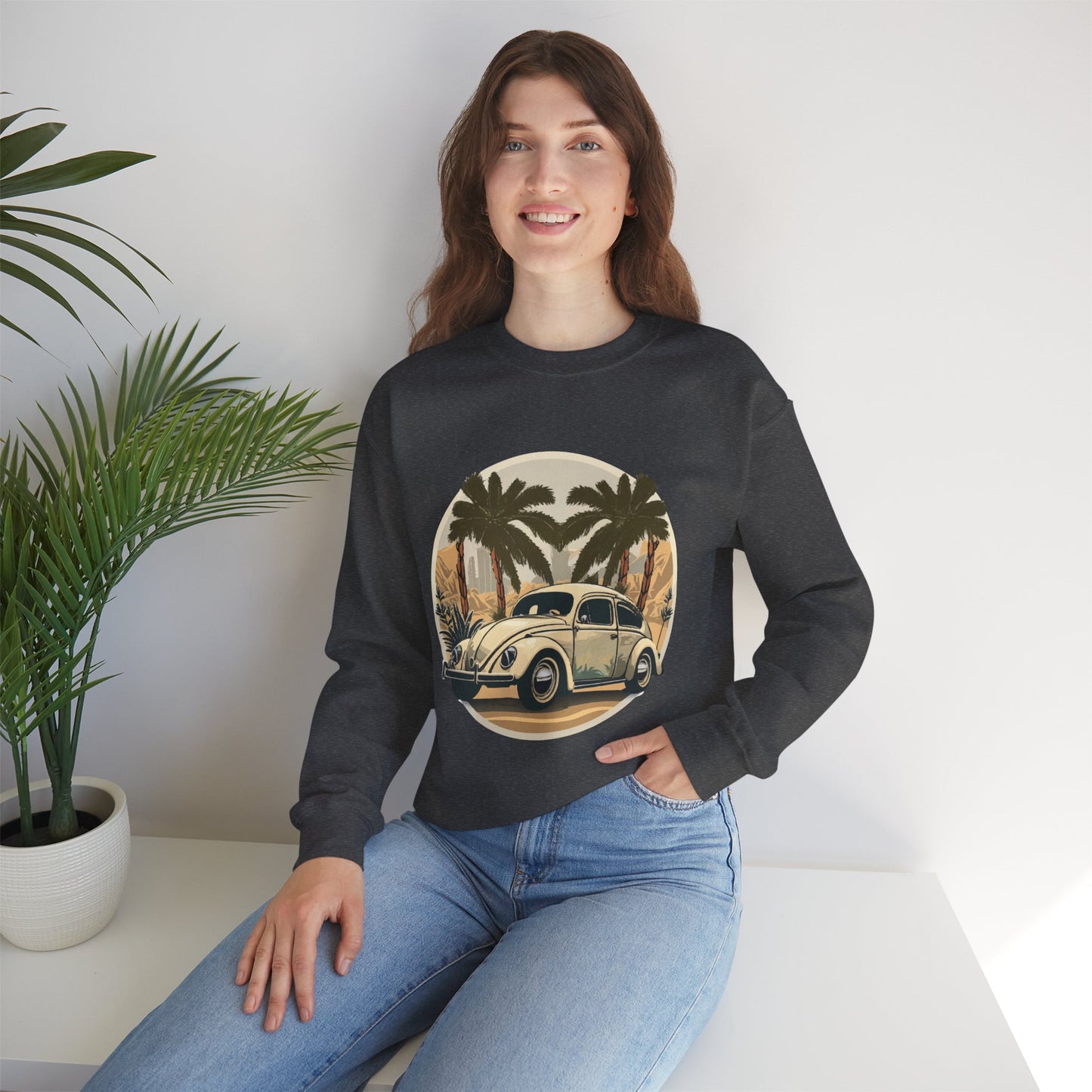 “Desert Palms Drive” Vintage VW Sweatshirt, Retro California Cruiser Design, Vintage Car Crewneck Sweatshirt, Retro Sweatshirt, Unisex Sweatshirt, Palm Tree Graphic, Casual Wear for Road Trips