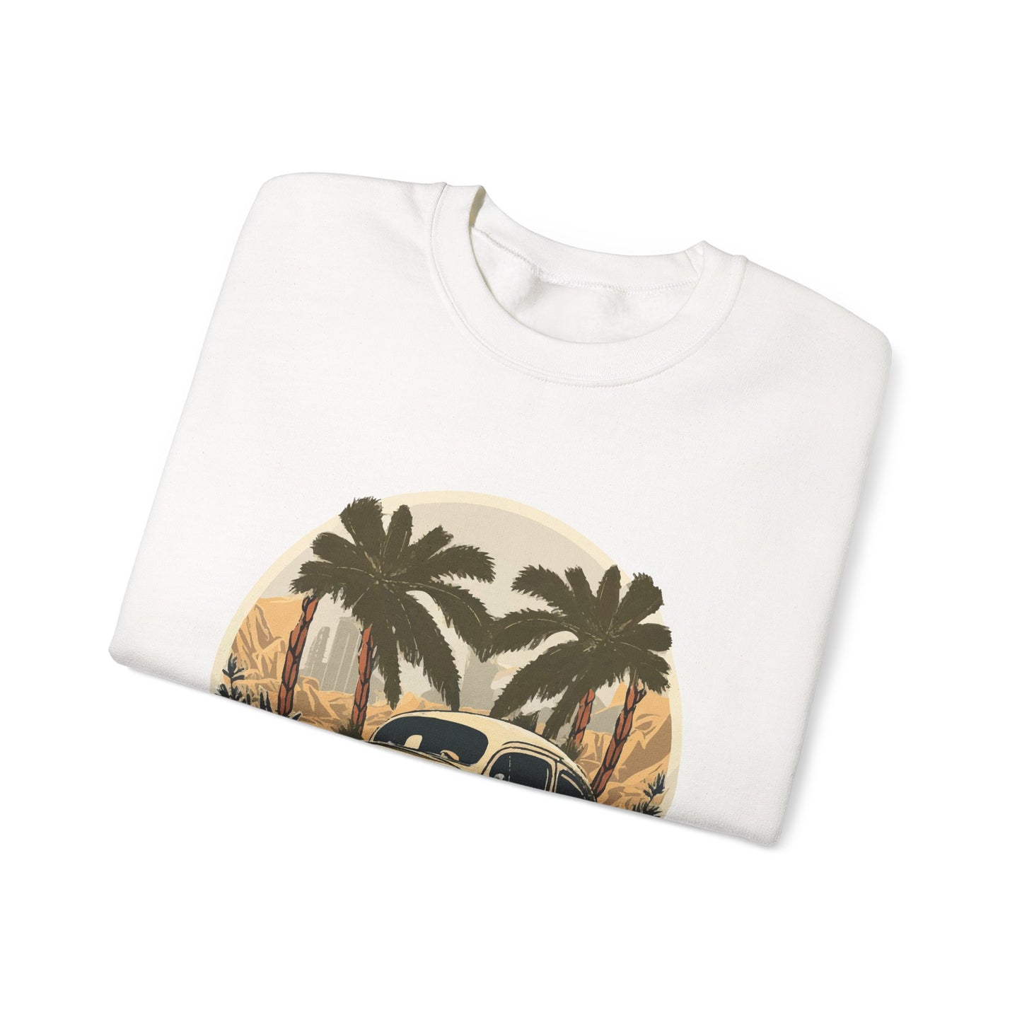 “Desert Palms Drive” Vintage VW Sweatshirt, Retro California Cruiser Design, Vintage Car Crewneck Sweatshirt, Retro Sweatshirt, Unisex Sweatshirt, Palm Tree Graphic, Casual Wear for Road Trips