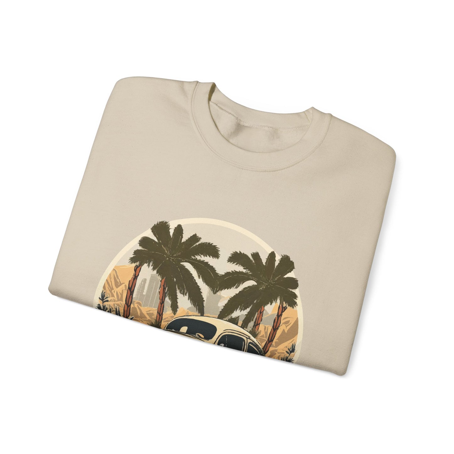“Desert Palms Drive” Vintage VW Sweatshirt, Retro California Cruiser Design, Vintage Car Crewneck Sweatshirt, Retro Sweatshirt, Unisex Sweatshirt, Palm Tree Graphic, Casual Wear for Road Trips