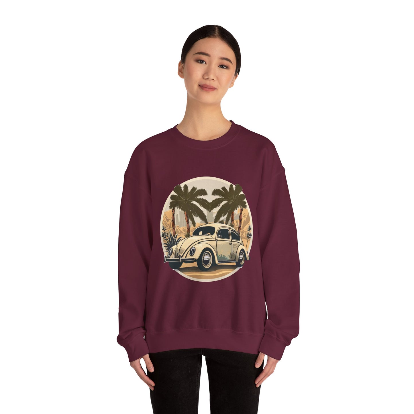 “Desert Palms Drive” Vintage VW Sweatshirt, Retro California Cruiser Design, Vintage Car Crewneck Sweatshirt, Retro Sweatshirt, Unisex Sweatshirt, Palm Tree Graphic, Casual Wear for Road Trips