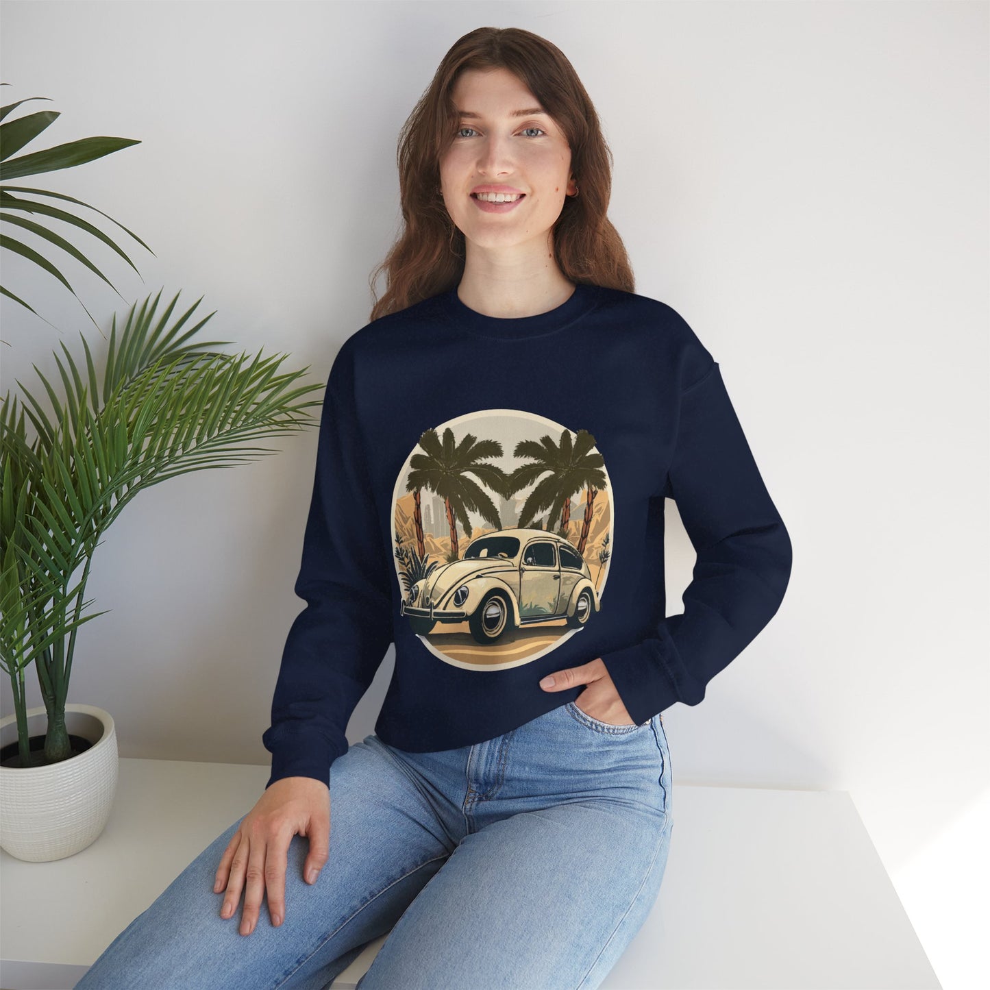 “Desert Palms Drive” Vintage VW Sweatshirt, Retro California Cruiser Design, Vintage Car Crewneck Sweatshirt, Retro Sweatshirt, Unisex Sweatshirt, Palm Tree Graphic, Casual Wear for Road Trips