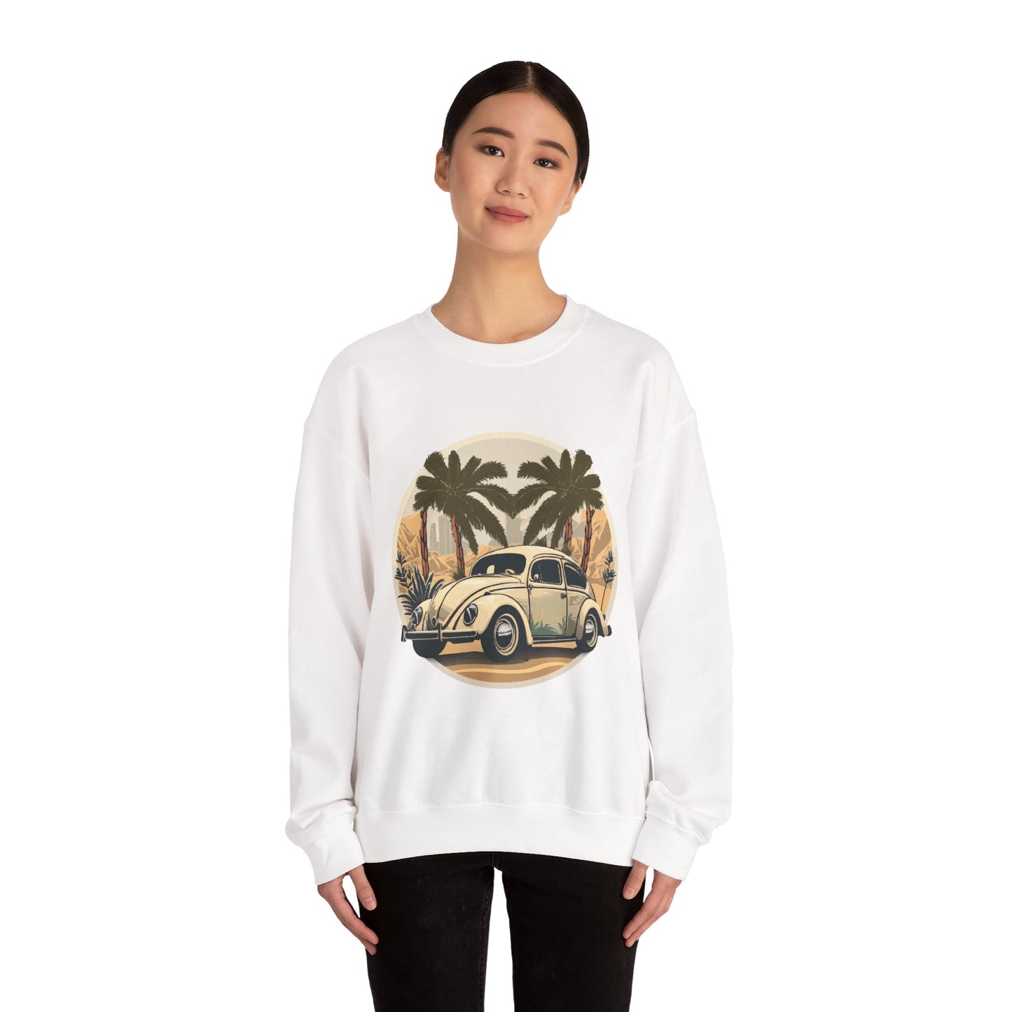 “Desert Palms Drive” Vintage VW Sweatshirt, Retro California Cruiser Design, Vintage Car Crewneck Sweatshirt, Retro Sweatshirt, Unisex Sweatshirt, Palm Tree Graphic, Casual Wear for Road Trips
