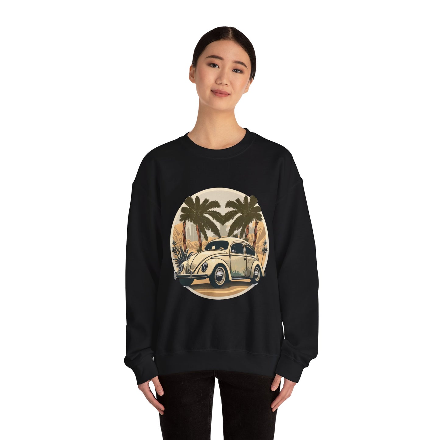 “Desert Palms Drive” Vintage VW Sweatshirt, Retro California Cruiser Design, Vintage Car Crewneck Sweatshirt, Retro Sweatshirt, Unisex Sweatshirt, Palm Tree Graphic, Casual Wear for Road Trips