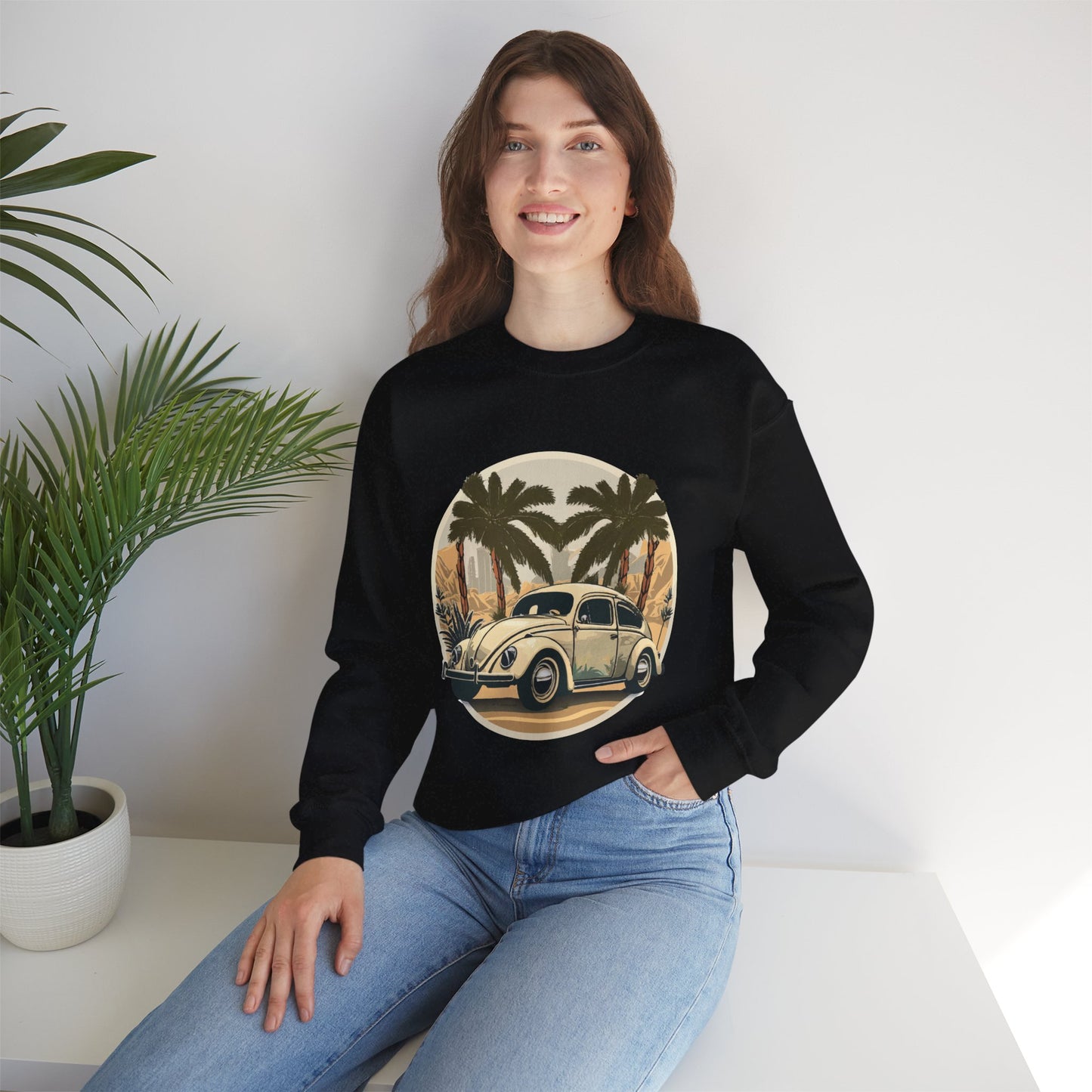 “Desert Palms Drive” Vintage VW Sweatshirt, Retro California Cruiser Design, Vintage Car Crewneck Sweatshirt, Retro Sweatshirt, Unisex Sweatshirt, Palm Tree Graphic, Casual Wear for Road Trips