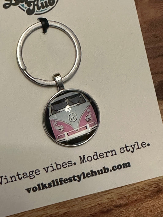 Pink VW Split Window Bus Circular Keychain