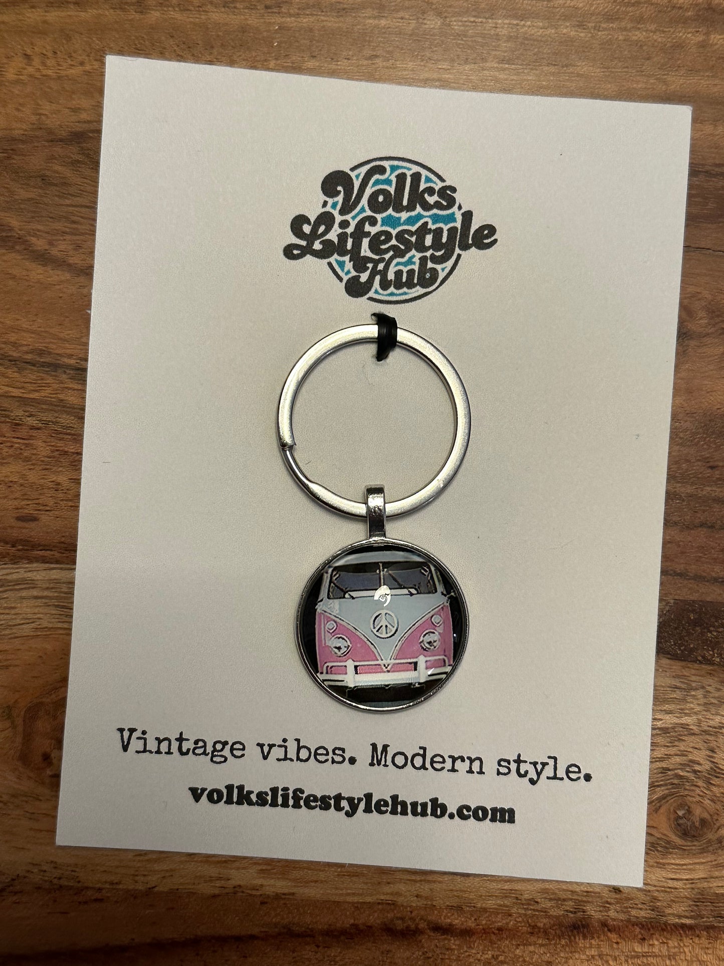 Pink VW Split Window Bus Circular Keychain