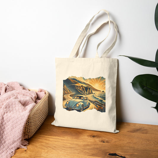 Coastal Cruise VW Tote Bag, Vintage Beach Cruiser Style, Vintage Car Adventure Cotton Canvas Tote Bag, Eco-Friendly Tote, Gift for Travelers, Beach Bag, Grocery Bag