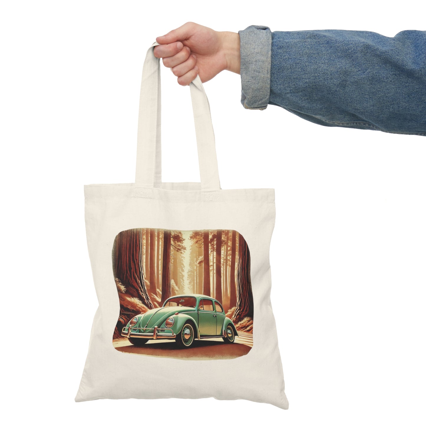 “Redwoods Run” Vintage VW Tote Bag, Retro Road Trip Canvas Tote, Vintage-Inspired Natural Tote Bag, Eco-Friendly Shopping Bag, Forest Lover's Gift, Car Design Tote, Sustainable Canvas Bag