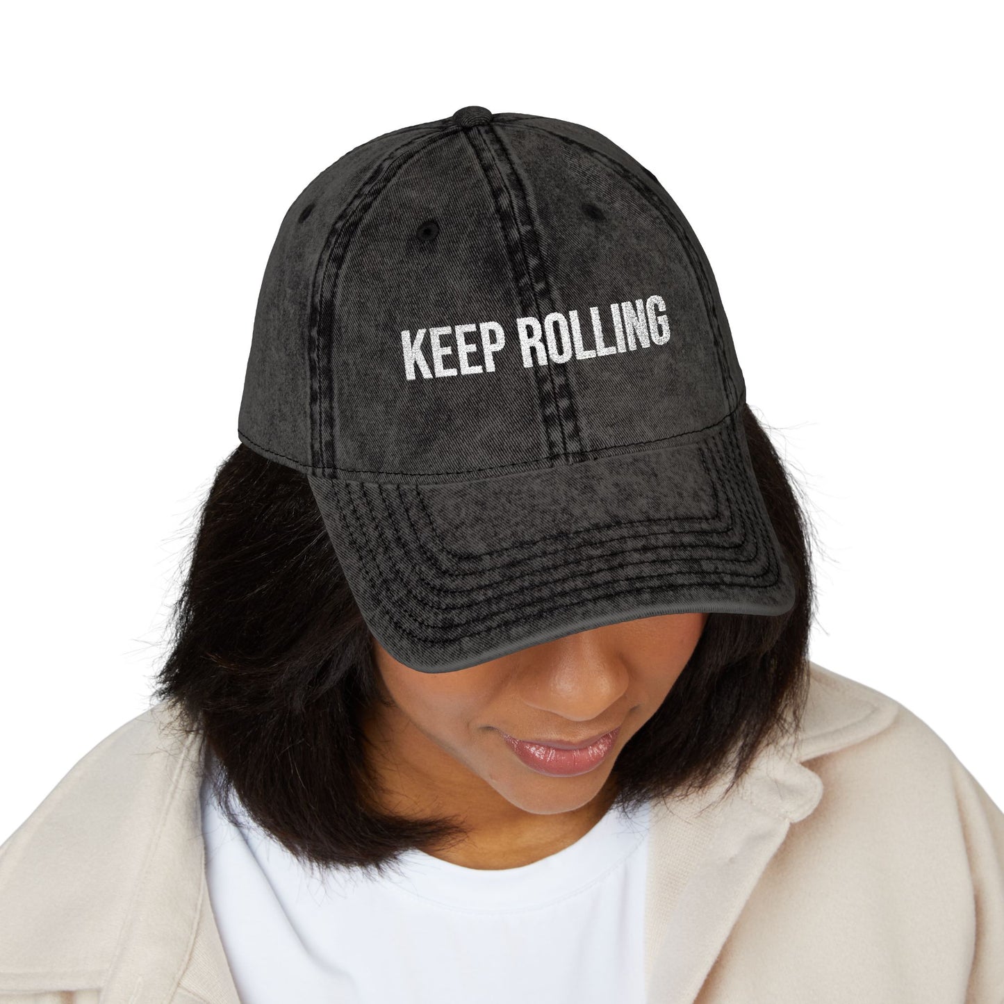 "Keep Rolling" Vintage Embroidered Cap, Casual Sun Protection, Gifts for Outdoors, Trendy Accessories, Everyday Wear