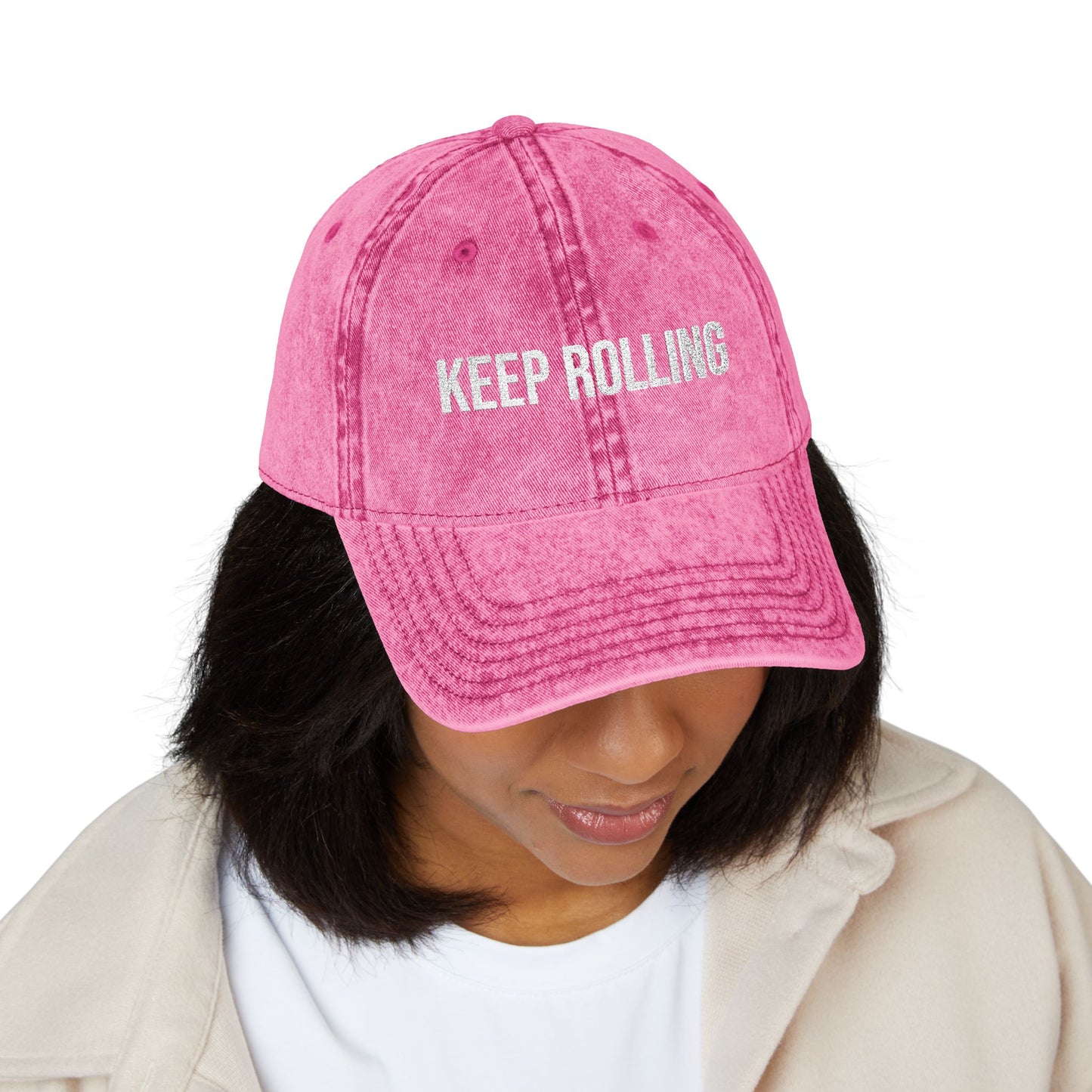 "Keep Rolling" Vintage Embroidered Cap, Casual Sun Protection, Gifts for Outdoors, Trendy Accessories, Everyday Wear