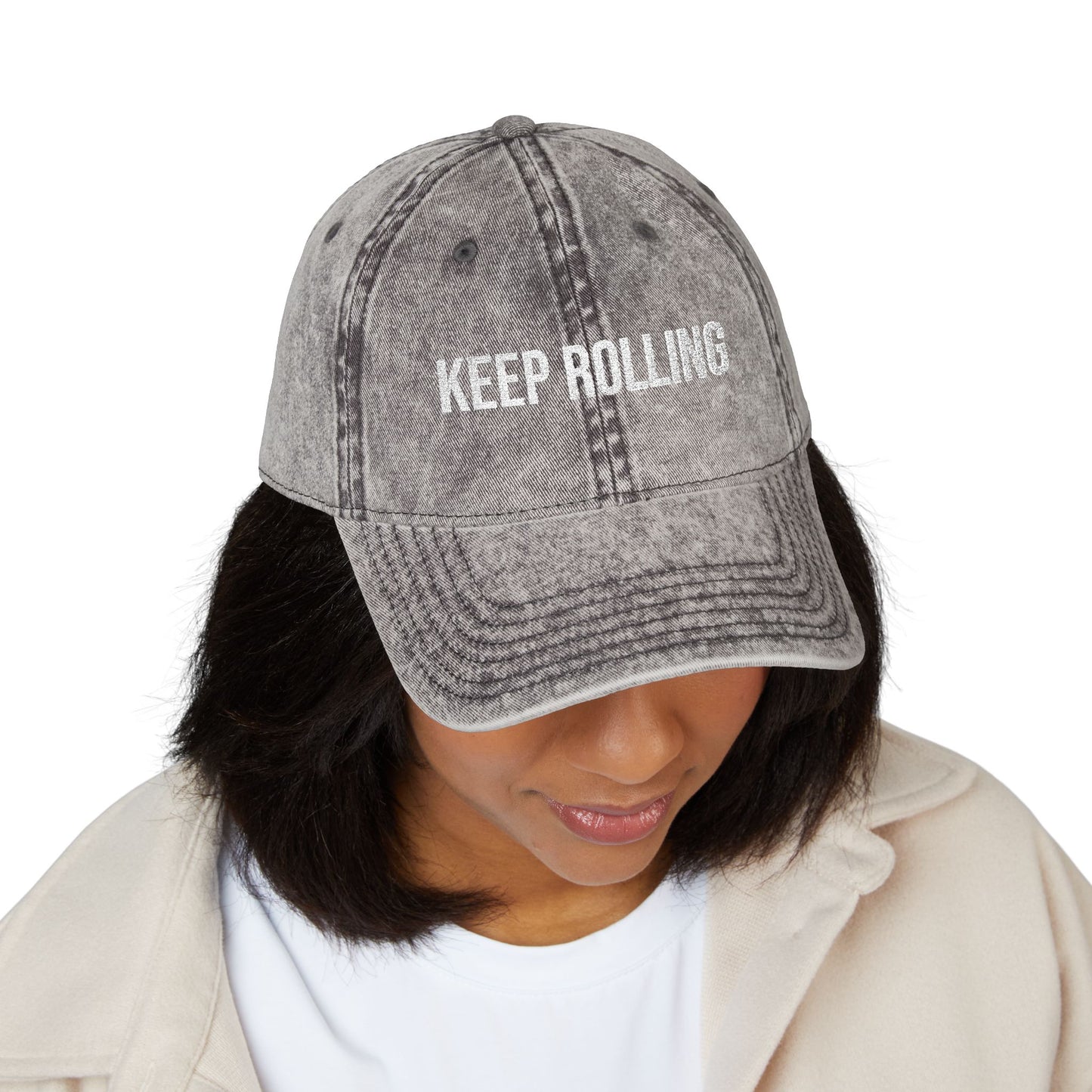"Keep Rolling" Vintage Embroidered Cap, Casual Sun Protection, Gifts for Outdoors, Trendy Accessories, Everyday Wear