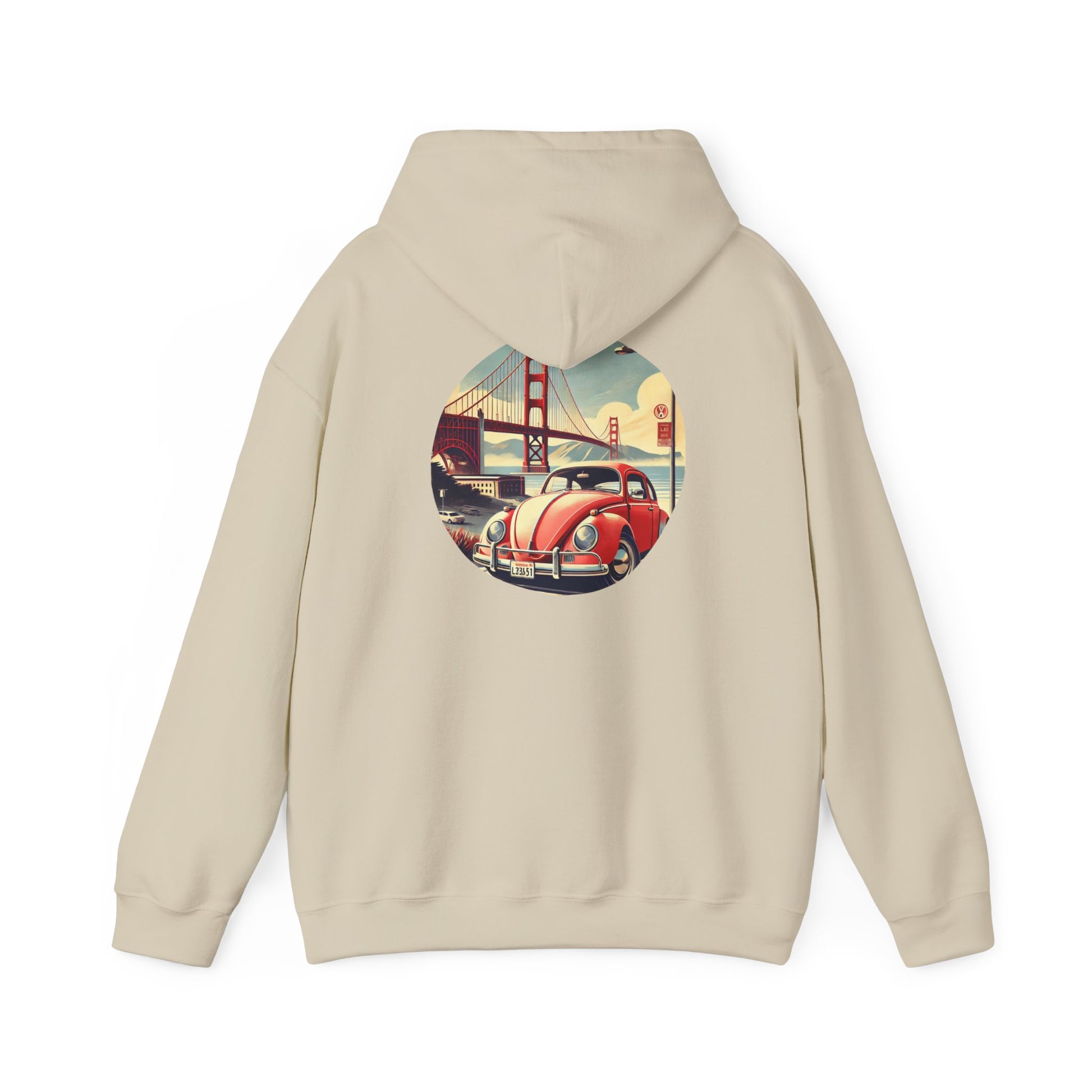 Hoodie with a graphic of a vintage VW Beetle and Golden Gate Bridge on the back.