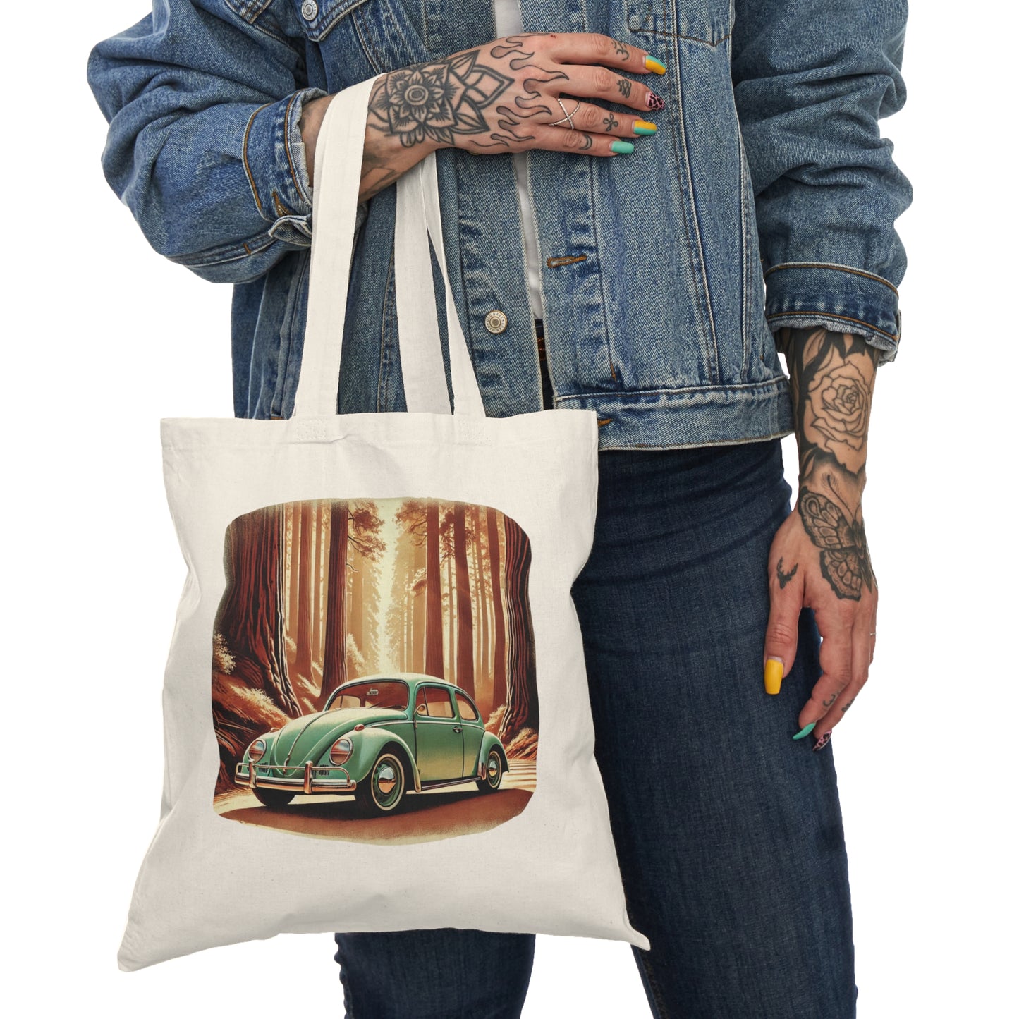 “Redwoods Run” Vintage VW Tote Bag, Retro Road Trip Canvas Tote, Vintage-Inspired Natural Tote Bag, Eco-Friendly Shopping Bag, Forest Lover's Gift, Car Design Tote, Sustainable Canvas Bag
