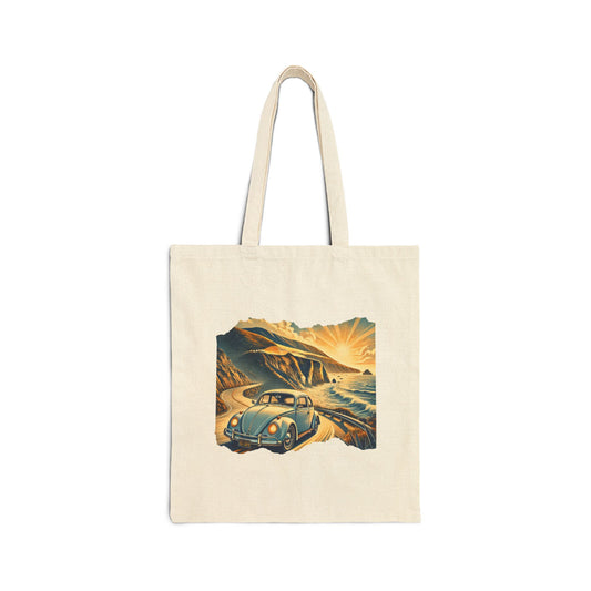 Coastal Cruise VW Tote Bag, Vintage Beach Cruiser Style, Vintage Car Adventure Cotton Canvas Tote Bag, Eco-Friendly Tote, Gift for Travelers, Beach Bag, Grocery Bag