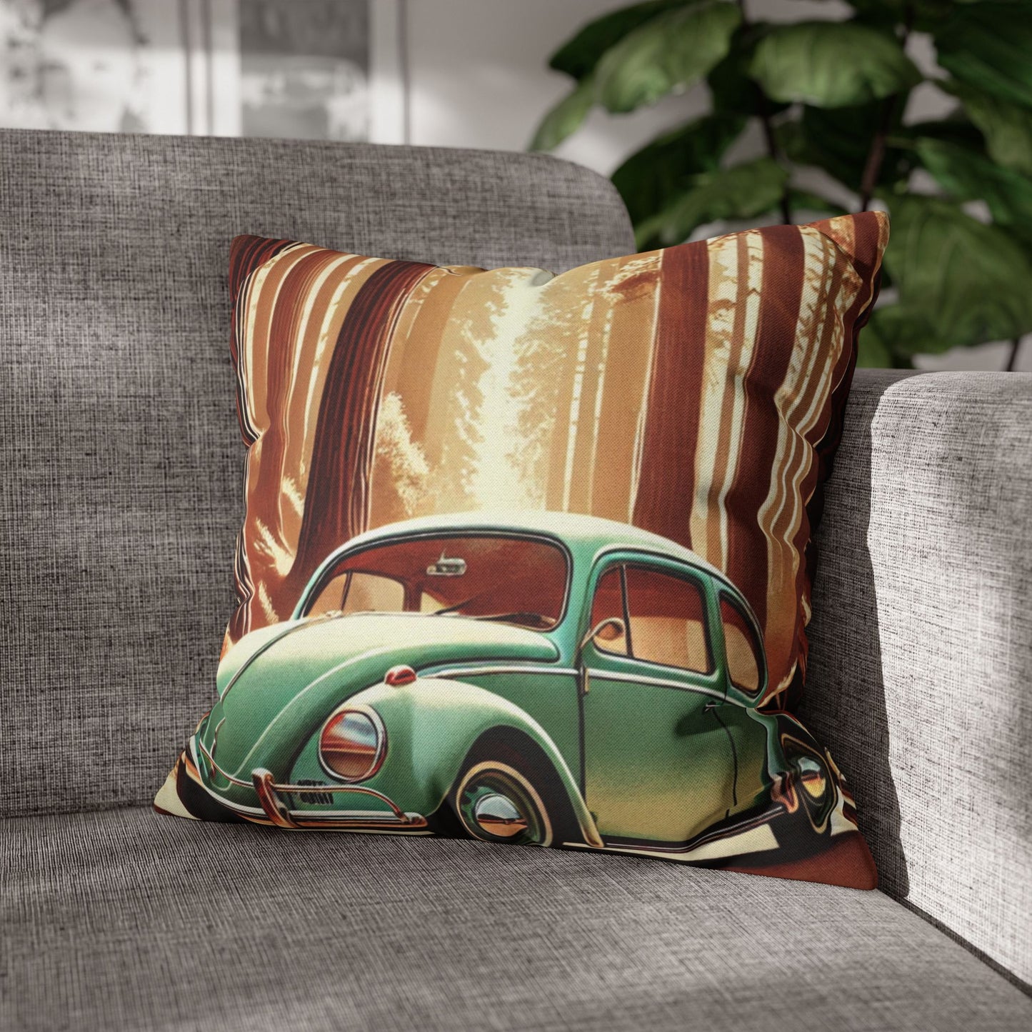 “Redwoods Run” Vintage VW Pillow, Retro Road Trip Throw Pillow, Vintage Car Forest Pillowcase | Home Decor, Gift for Car Lovers, Nature Vibes, Pillow Cover, Cozy Living Room Accents