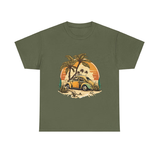 A green unisex heavy cotton tee with a printed design of a vintage VW Beetle on a tropical beach at sunset.