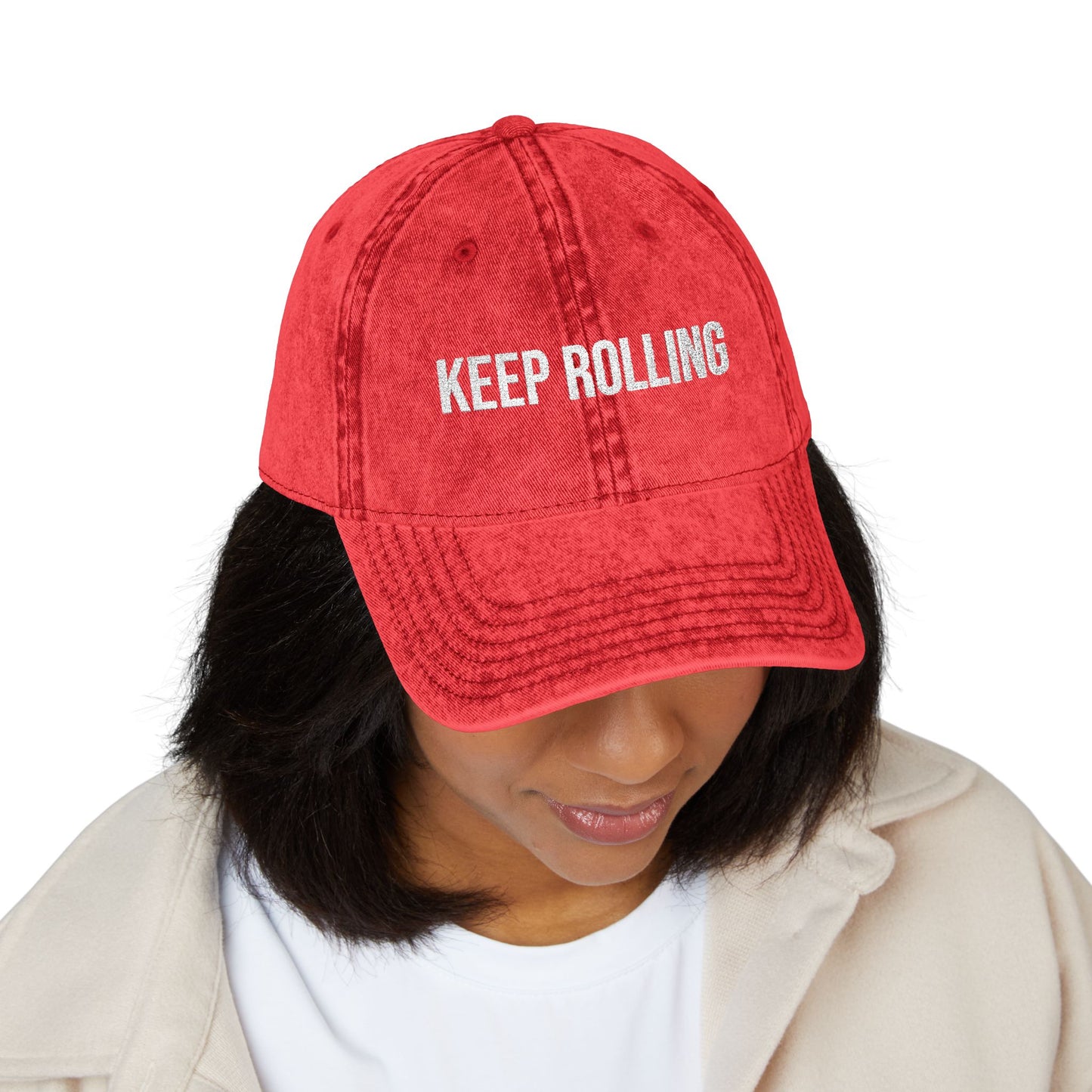 "Keep Rolling" Vintage Embroidered Cap, Casual Sun Protection, Gifts for Outdoors, Trendy Accessories, Everyday Wear