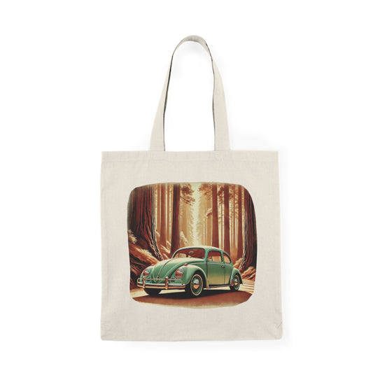 “Redwoods Run” Vintage VW Tote Bag, Retro Road Trip Canvas Tote, Vintage-Inspired Natural Tote Bag, Eco-Friendly Shopping Bag, Forest Lover's Gift, Car Design Tote, Sustainable Canvas Bag