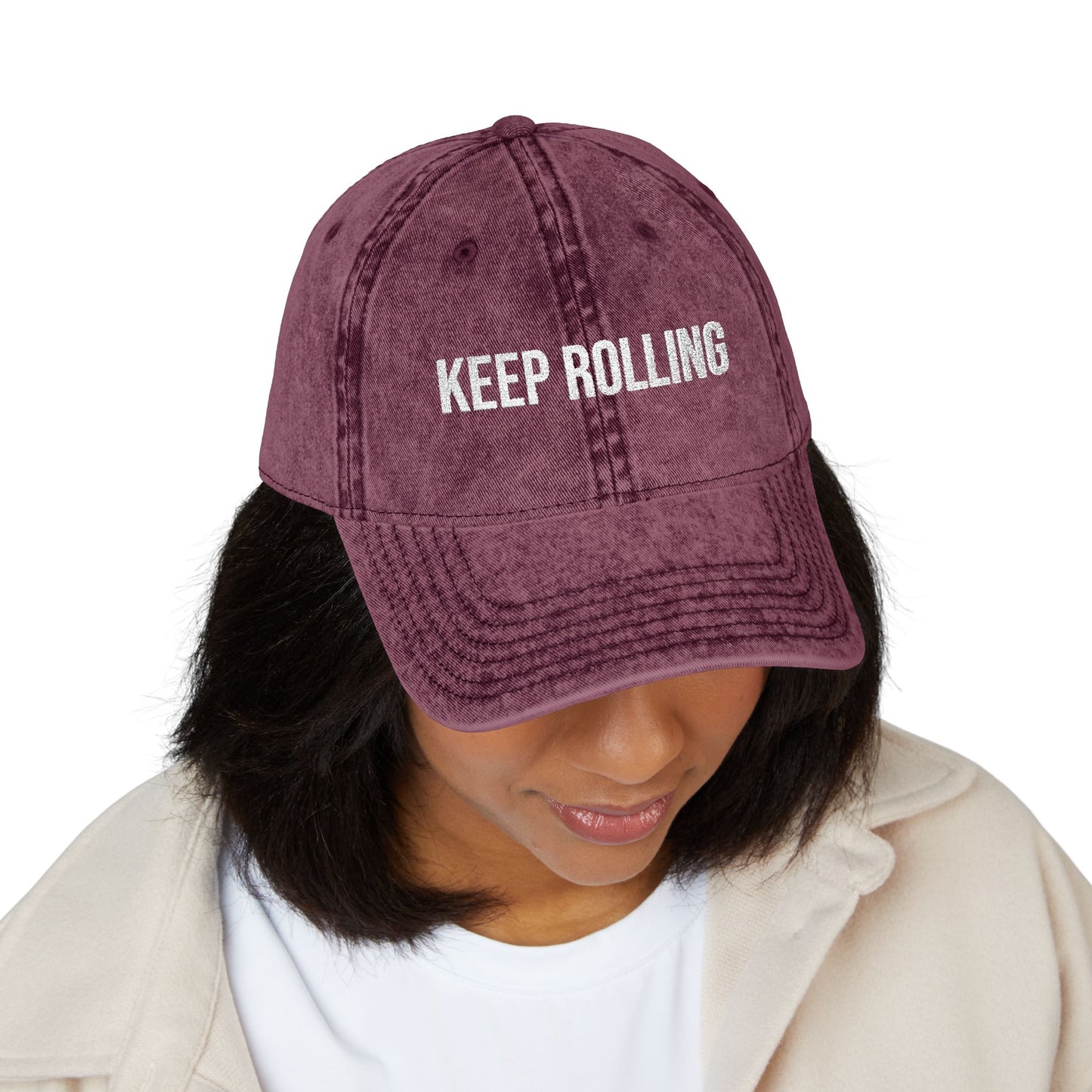 "Keep Rolling" Vintage Embroidered Cap, Casual Sun Protection, Gifts for Outdoors, Trendy Accessories, Everyday Wear