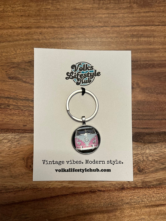 Pink VW Split Window Bus Circular Keychain