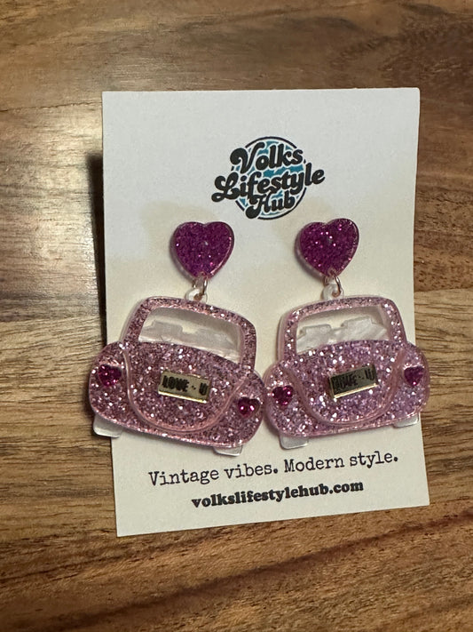 Love Bug Pink Sparkling VW Beetle Dangle Earrings